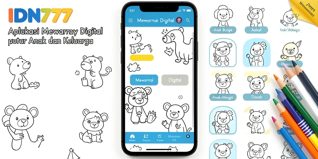 Screenshot utama IDN777 menampilkan antarmuka mewarnai yang ceria dan interaktif.
